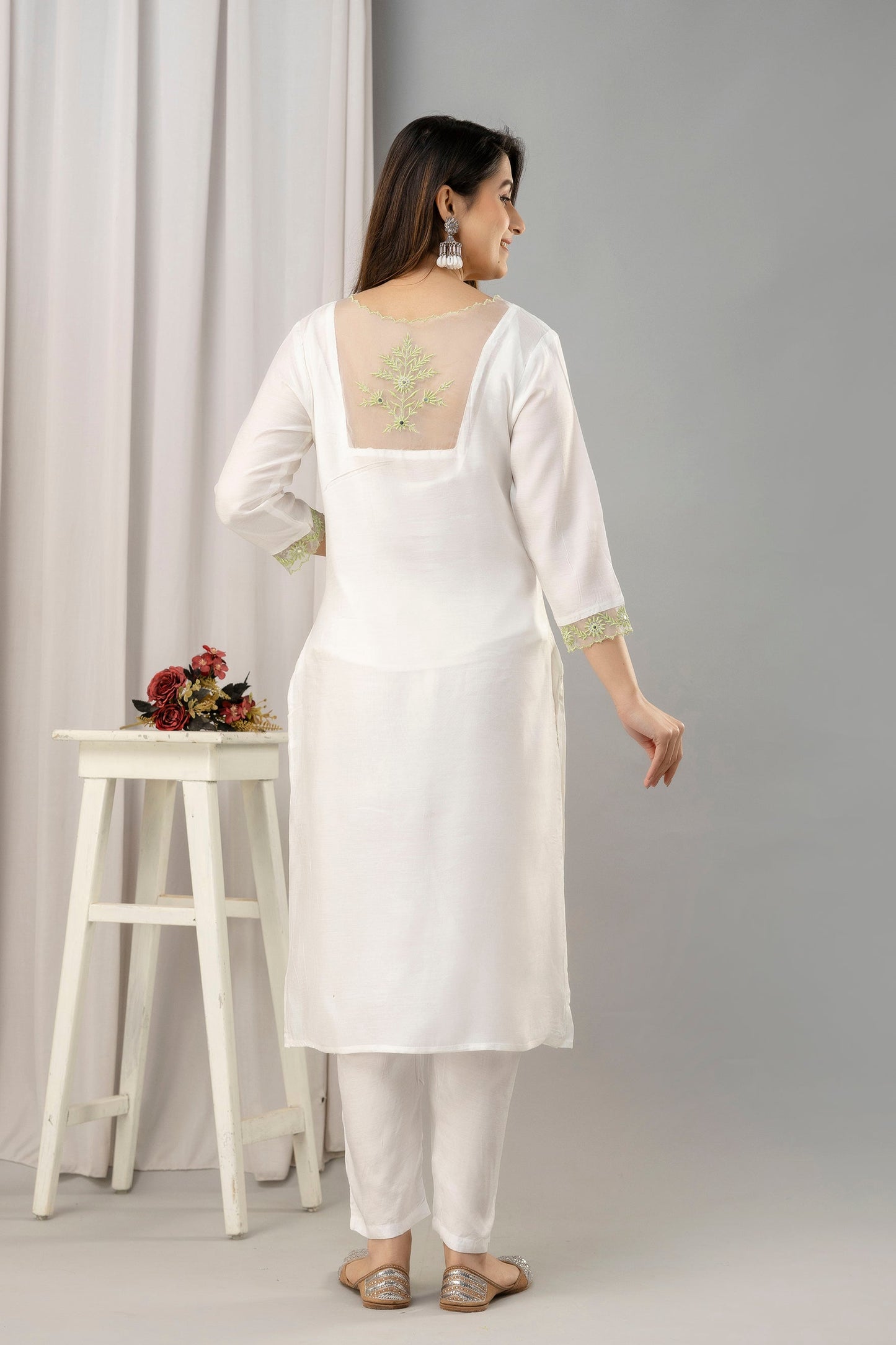 Women White & Green Muslin Embroidered Kurta with Trousers & Dupatta