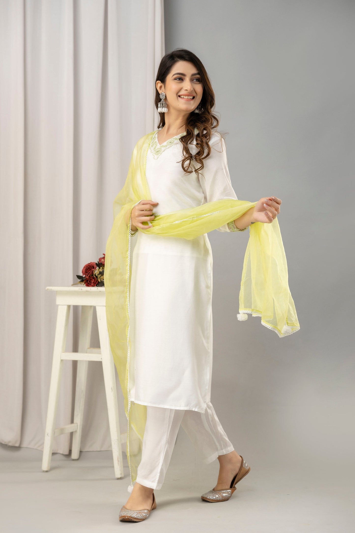 Women White & Green Muslin Embroidered Kurta with Trousers & Dupatta