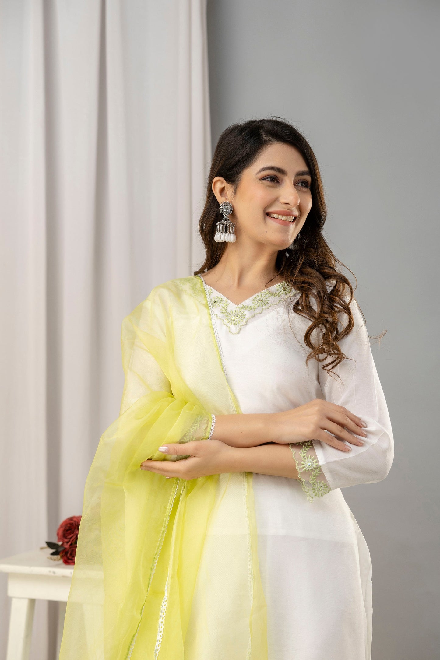 Women White & Green Muslin Embroidered Kurta with Trousers & Dupatta