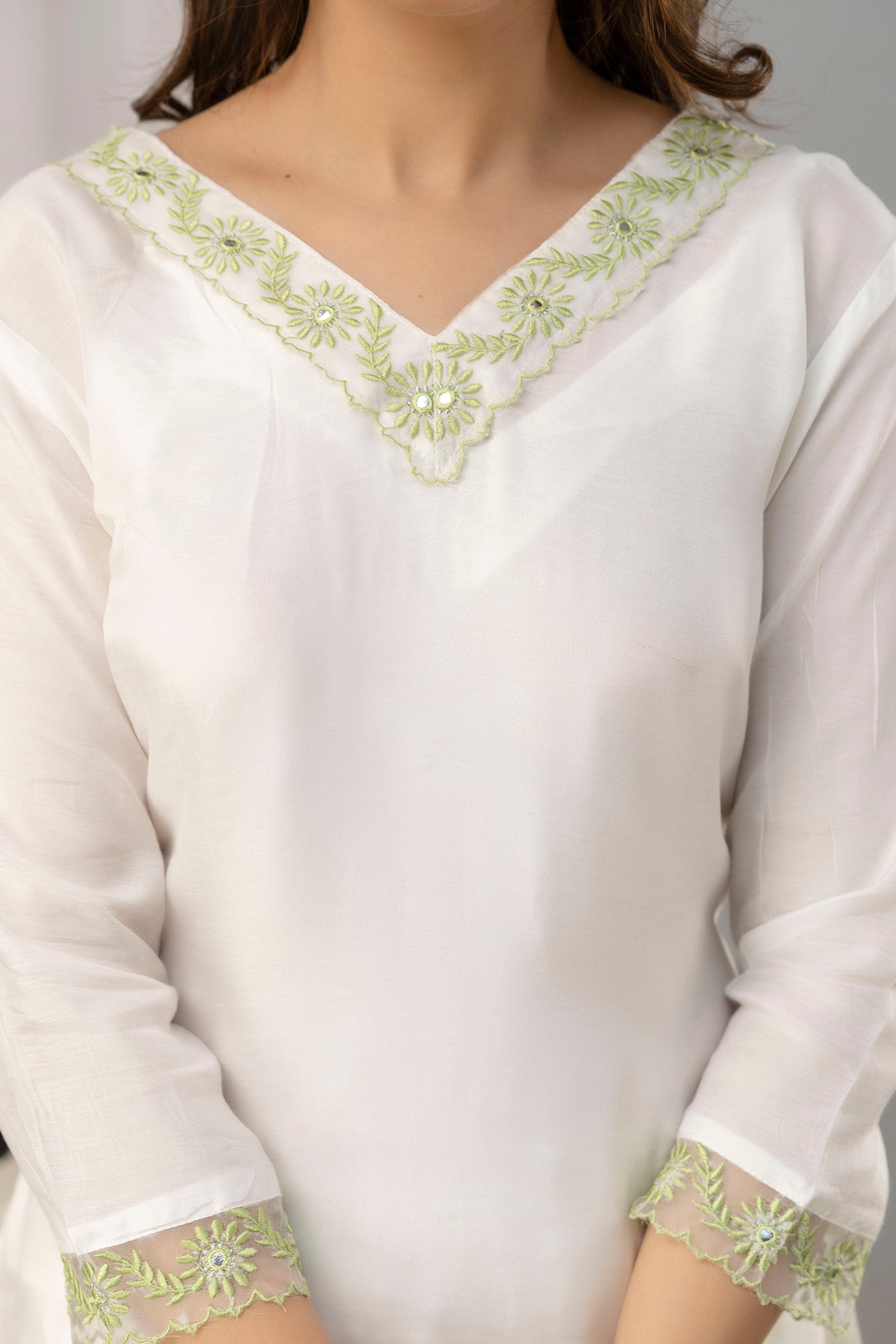 Women White & Green Muslin Embroidered Kurta with Trousers & Dupatta