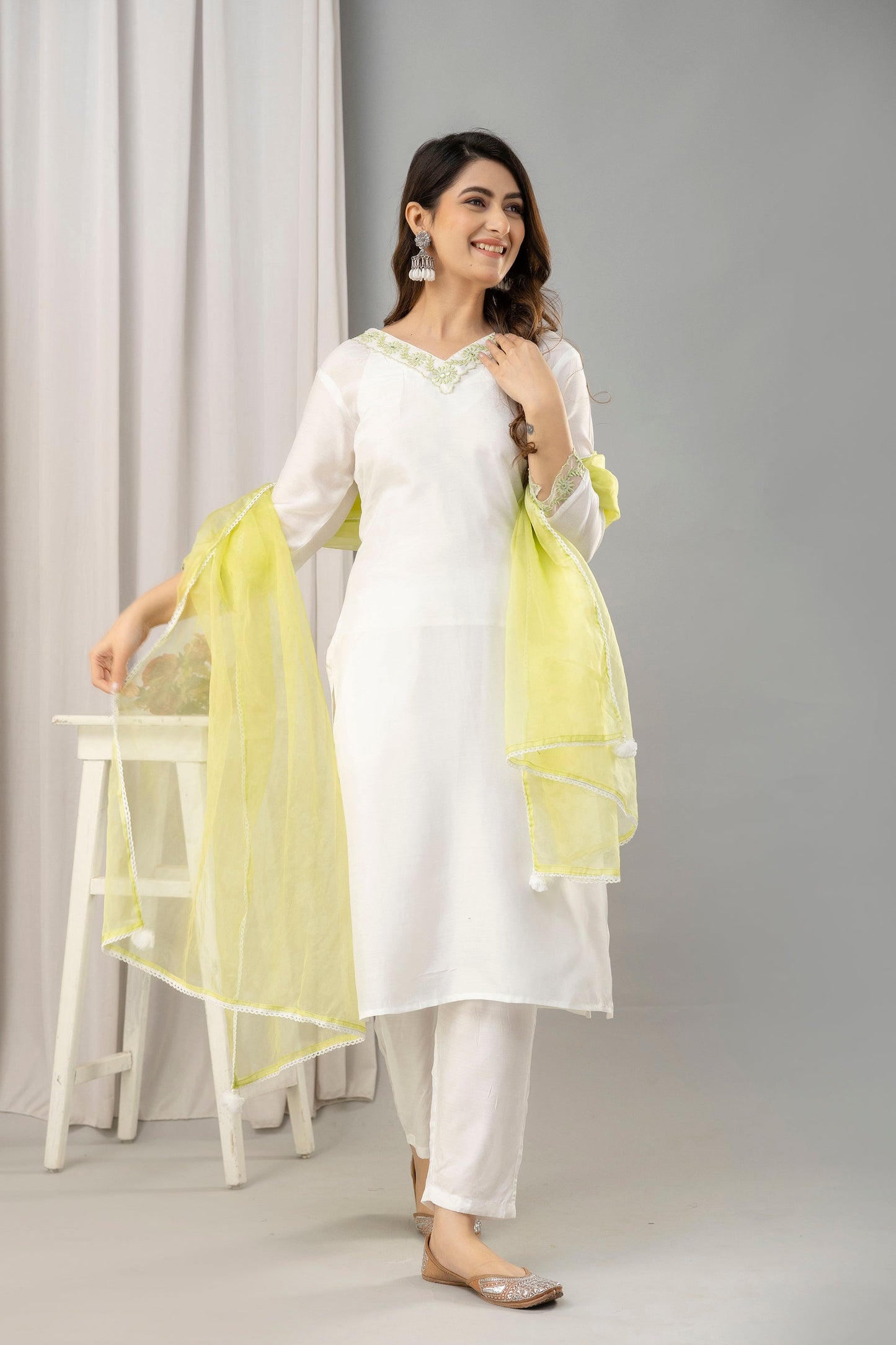 Women White & Green Muslin Embroidered Kurta with Trousers & Dupatta