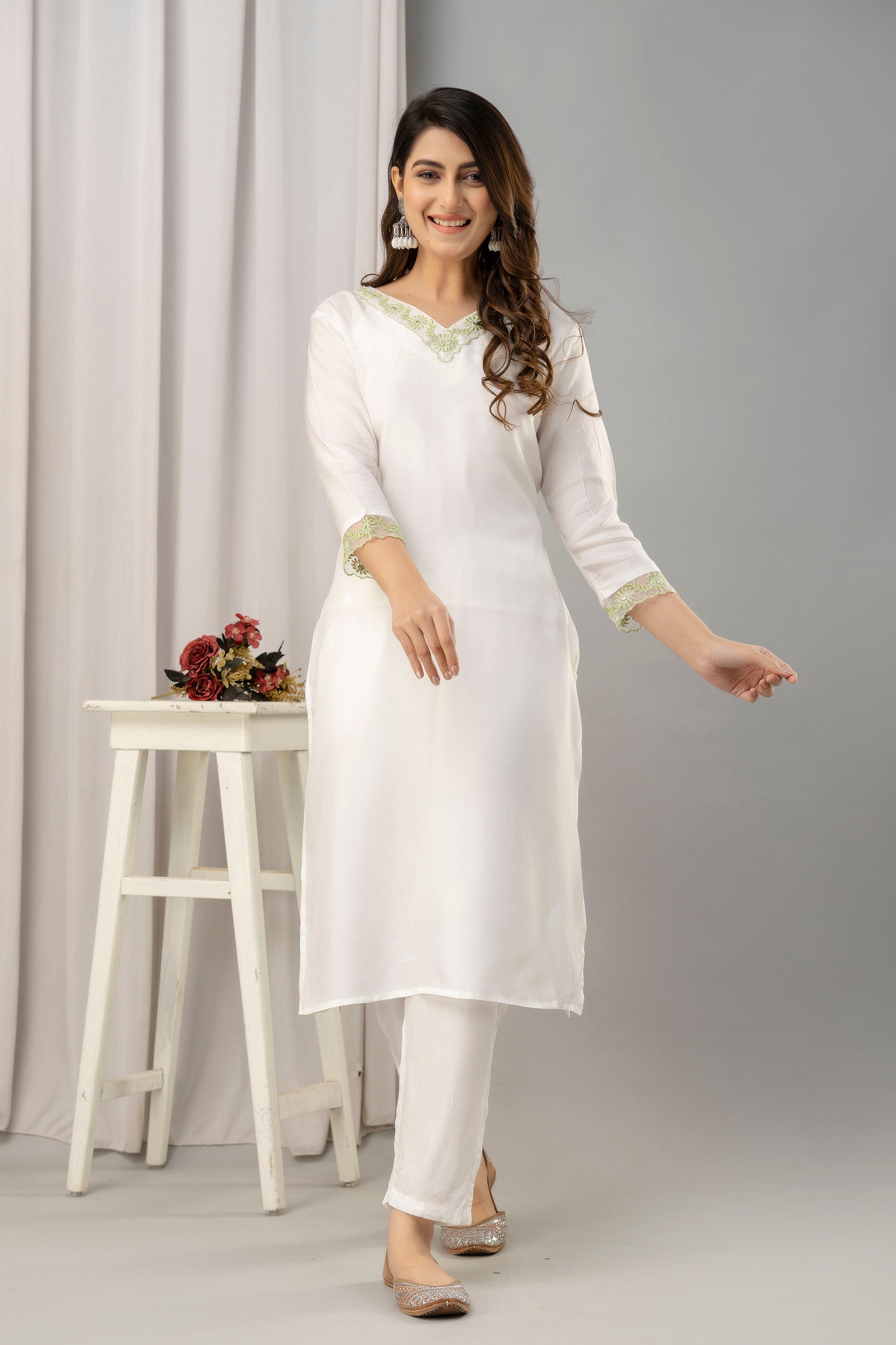 Women White & Green Muslin Embroidered Kurta with Trousers & Dupatta