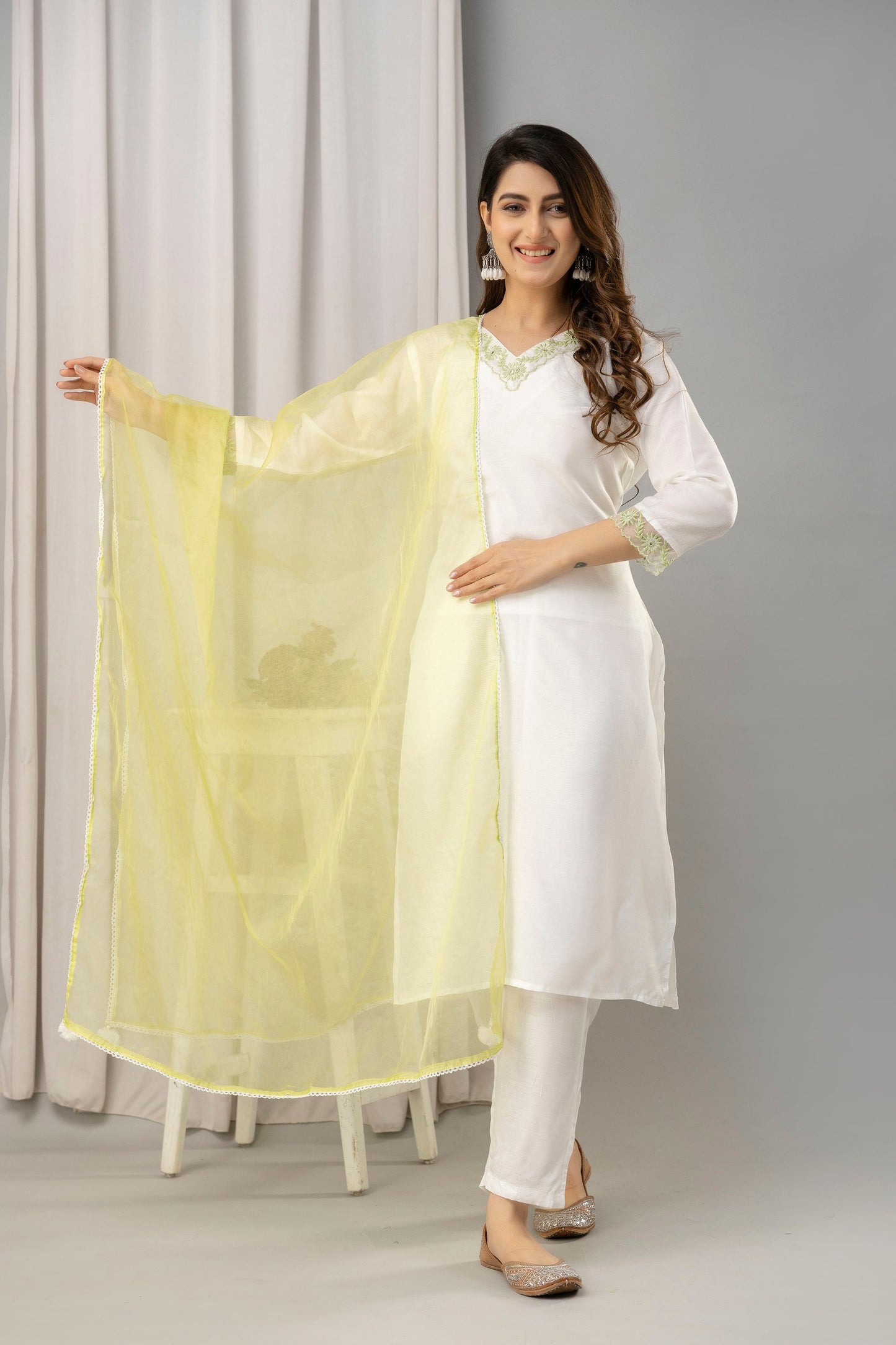 Women White & Green Muslin Embroidered Kurta with Trousers & Dupatta