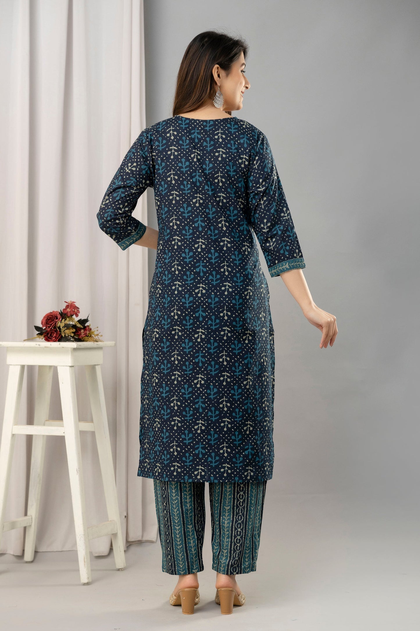 Women Navy Blue Pure Cotton Printed Kurta with Trousers & Dupatta