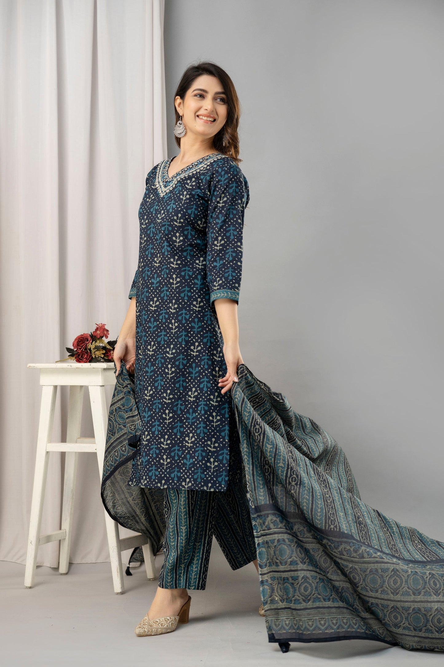 Women Navy Blue Pure Cotton Printed Kurta with Trousers & Dupatta