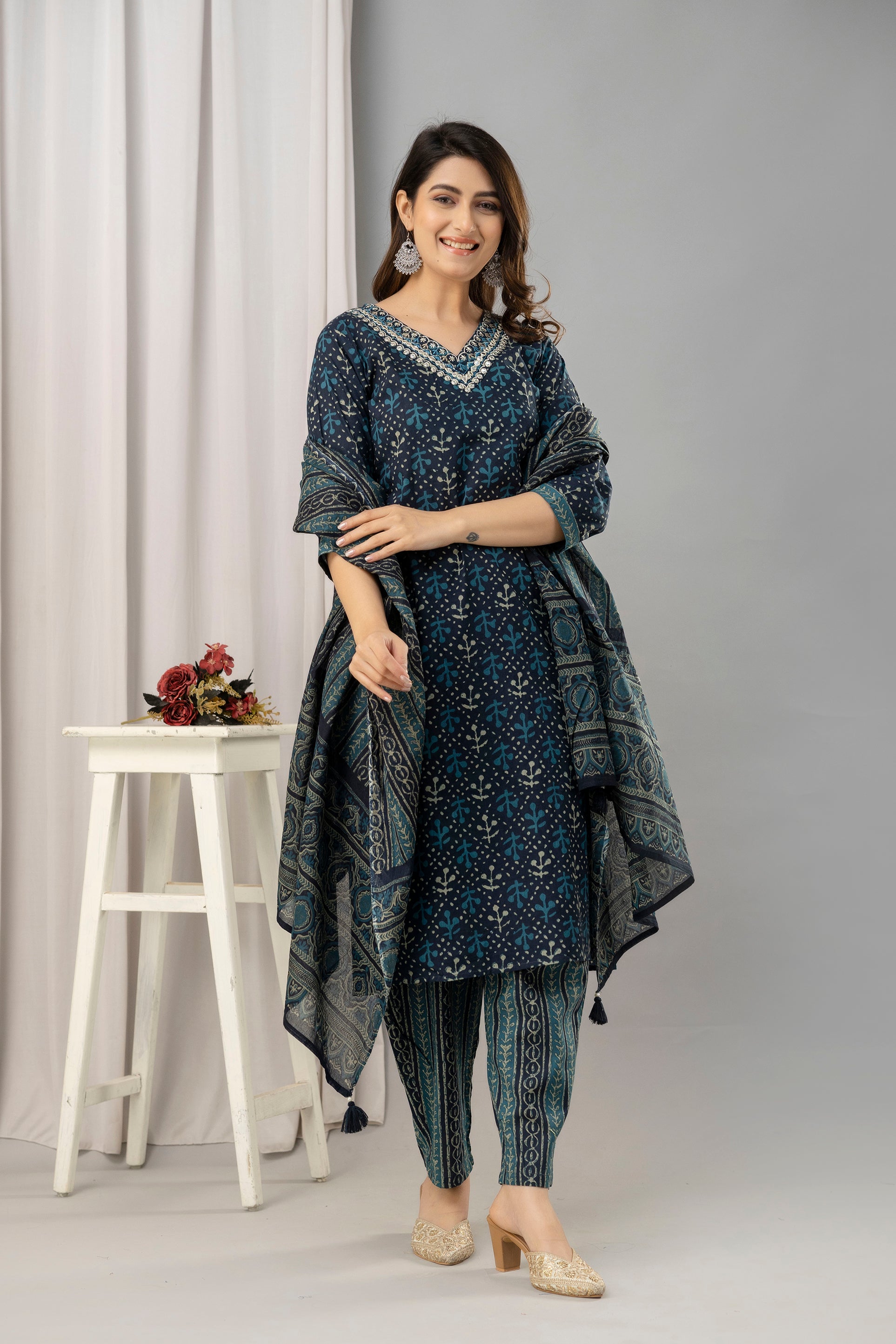 Women Navy Blue Pure Cotton Printed Kurta with Trousers & Dupatta