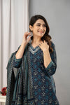 Women Navy Blue Pure Cotton Printed Kurta with Trousers & Dupatta