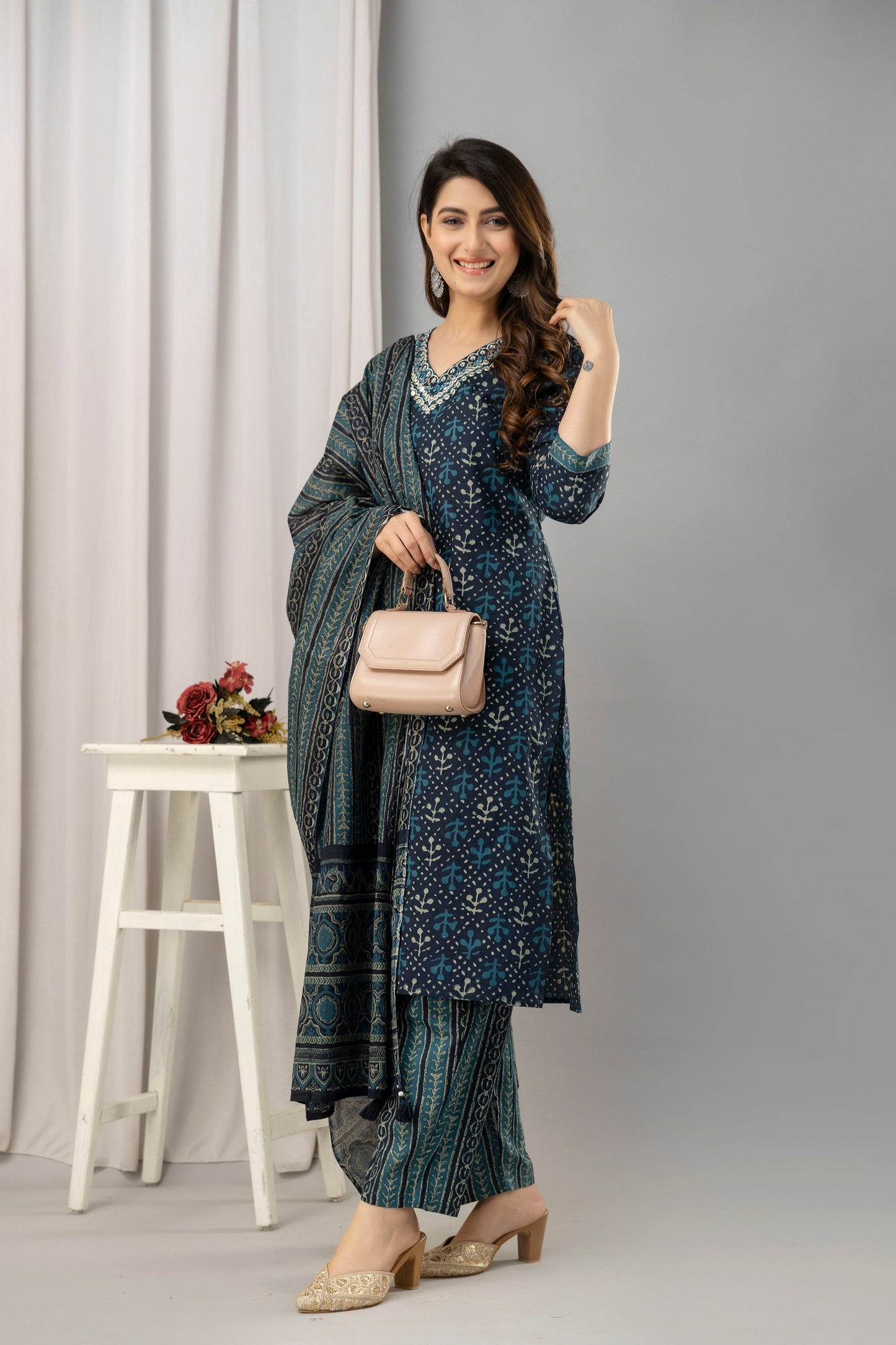 Women Navy Blue Pure Cotton Printed Kurta with Trousers & Dupatta