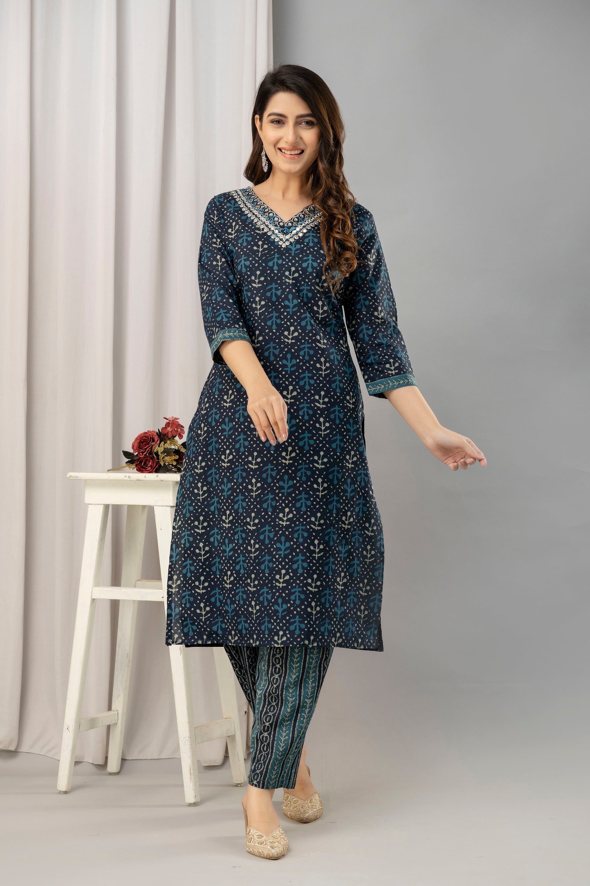 Women Navy Blue Pure Cotton Printed Kurta with Trousers & Dupatta