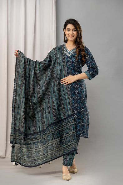 Women Navy Blue Pure Cotton Printed Kurta with Trousers & Dupatta