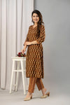 Women Brown Pure Cotton Printed Kurta with Trousers