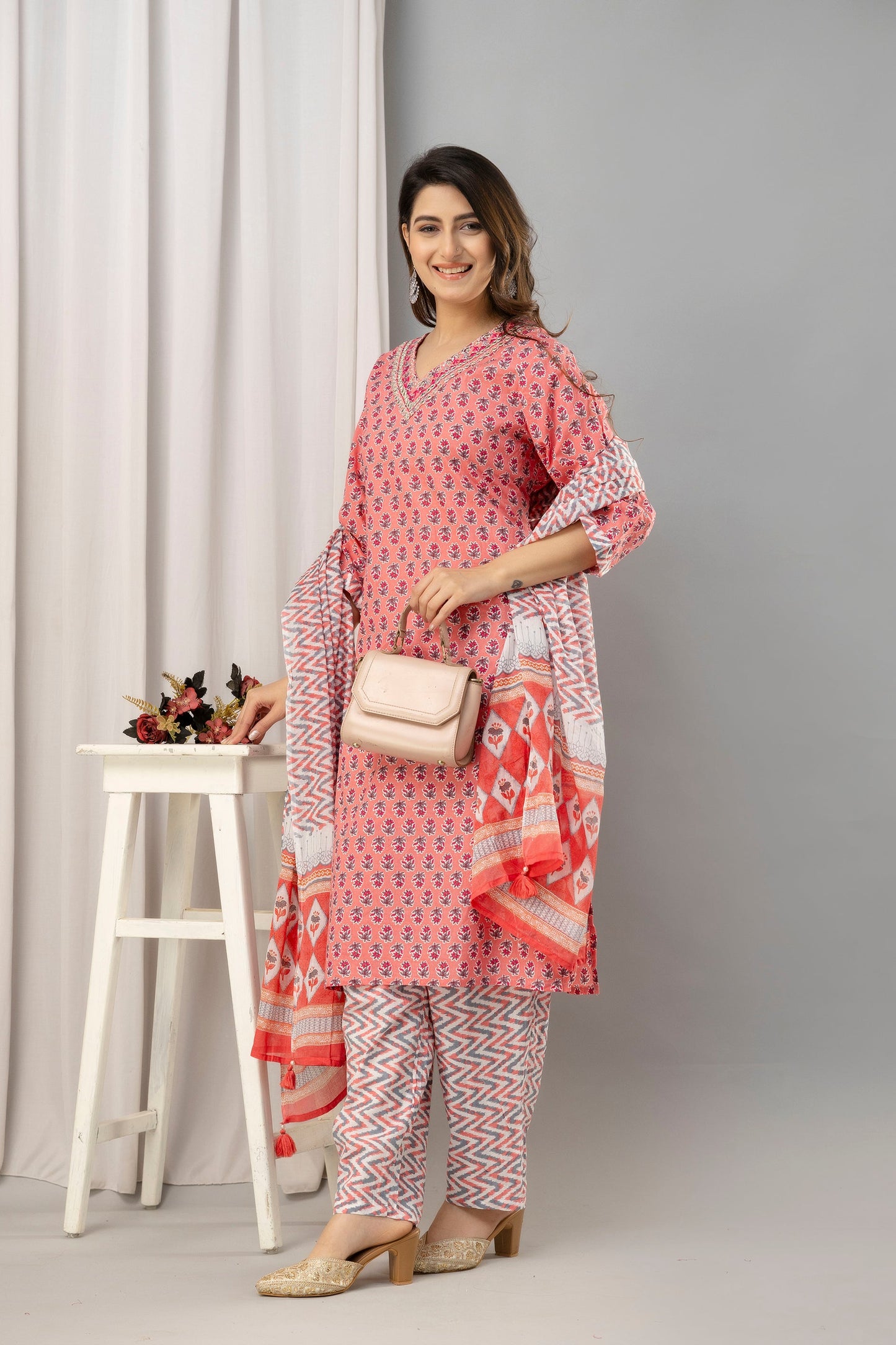 Women Pink Pure Cotton Printed Kurta with Trousers & Dupatta