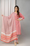 Women Pink Pure Cotton Printed Kurta with Trousers & Dupatta