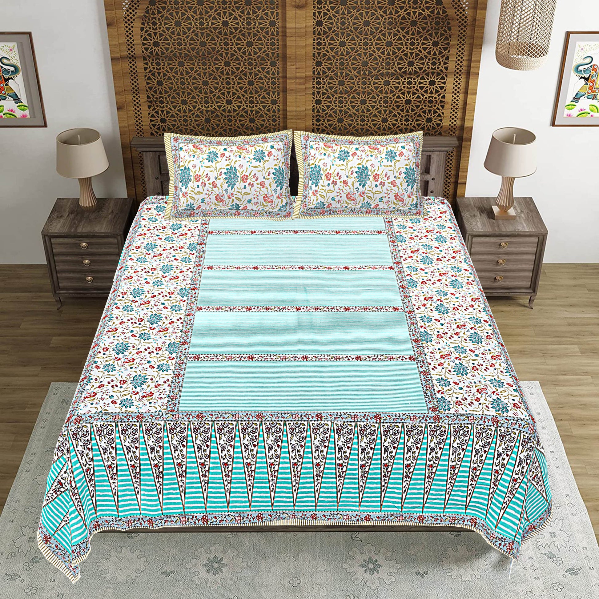 Turquoise Blue Floral Print 240 TC Cotton Double Bed Sheet With 2 Pillow Covers (SHKV1031)-FrionKandy