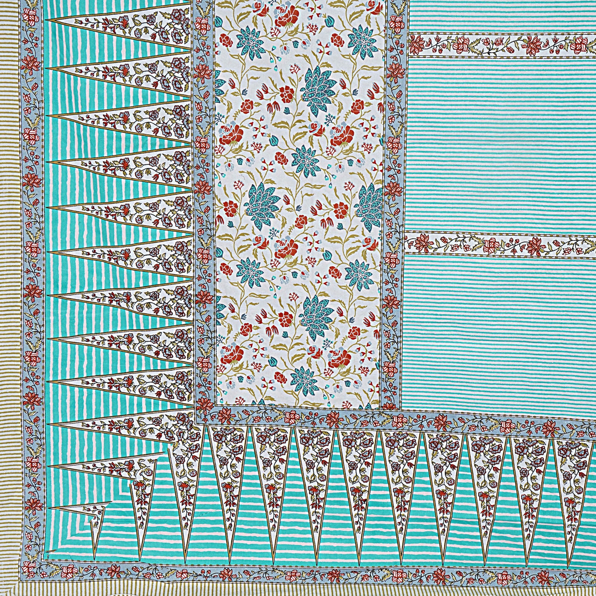 Turquoise Blue Floral Print 240 TC Cotton Double Bed Sheet With 2 Pillow Covers (SHKV1031)-FrionKandy