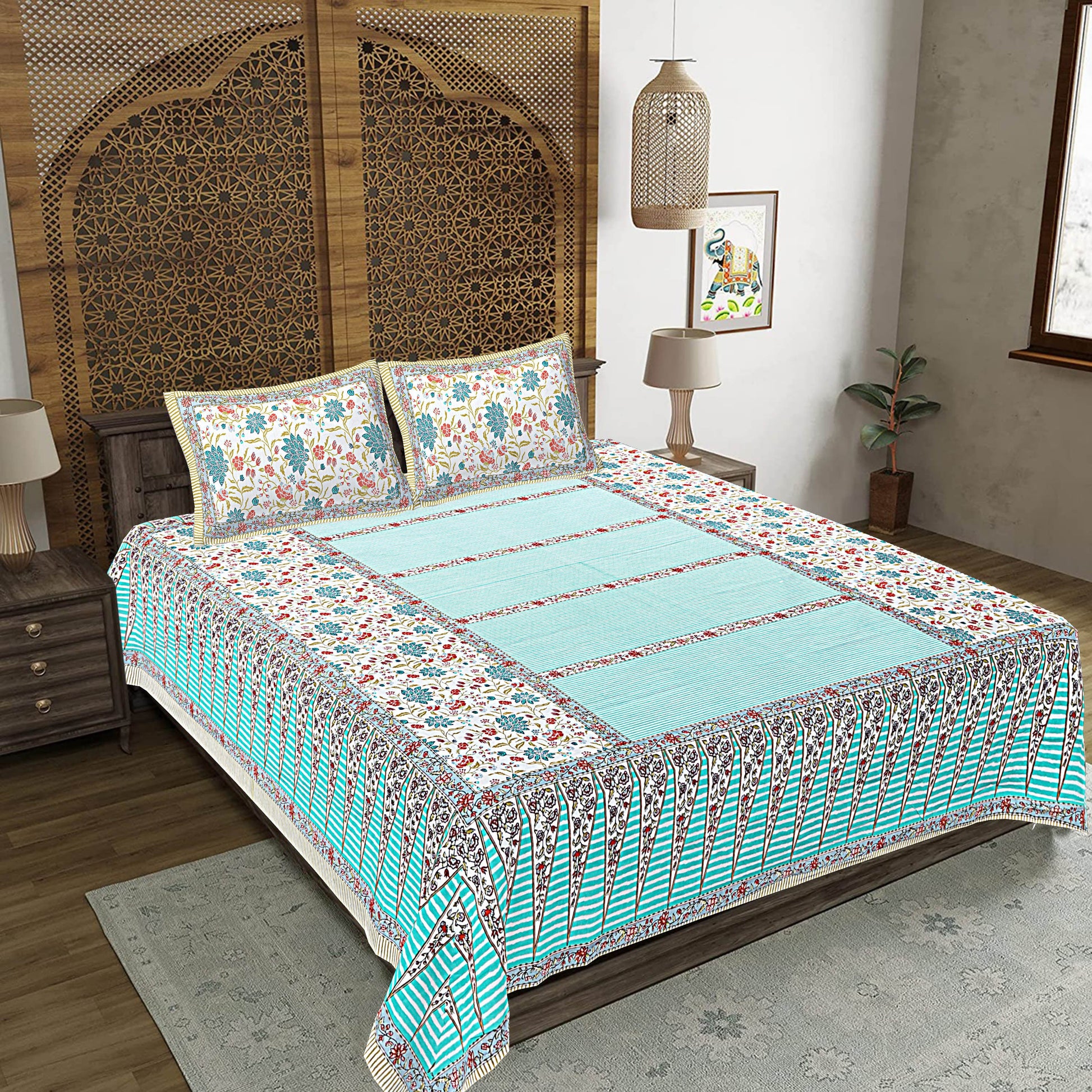 Turquoise Blue Floral Print 240 TC Cotton Double Bed Sheet With 2 Pillow Covers (SHKV1031)-FrionKandy