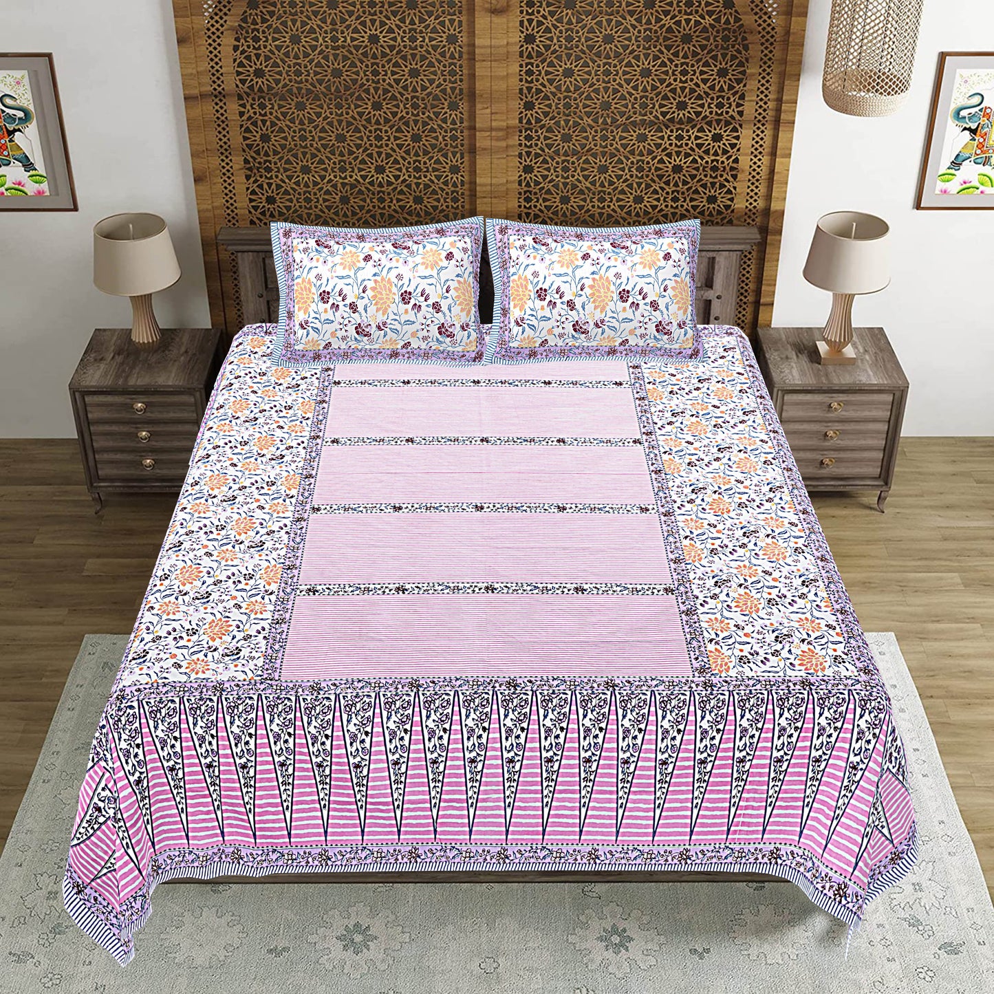 Pink Floral Print 240 TC Cotton Double Bed Sheet With 2 Pillow Covers (SHKV1033)-FrionKandy