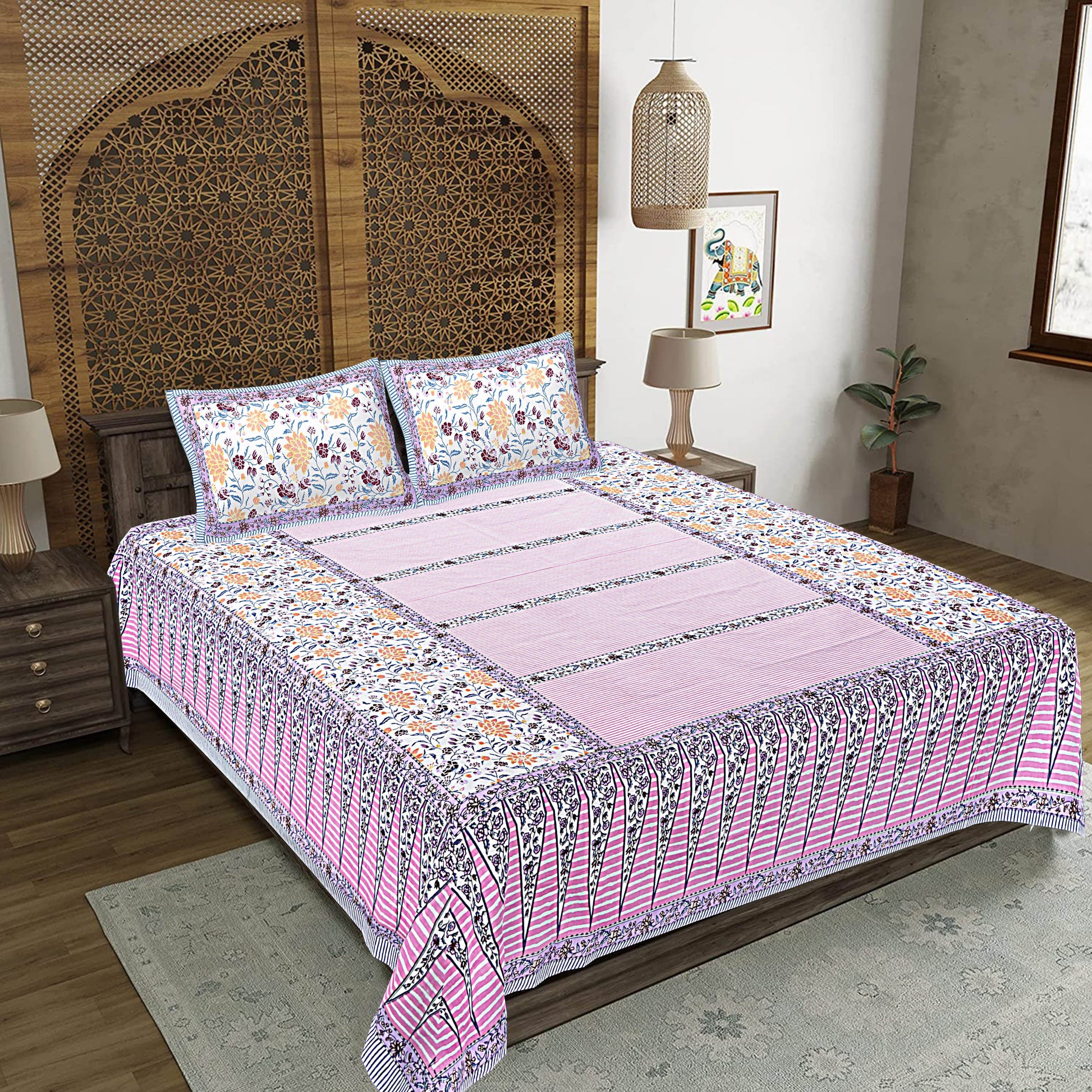 Pink Floral Print 240 TC Cotton Double Bed Sheet With 2 Pillow Covers (SHKV1033)-FrionKandy