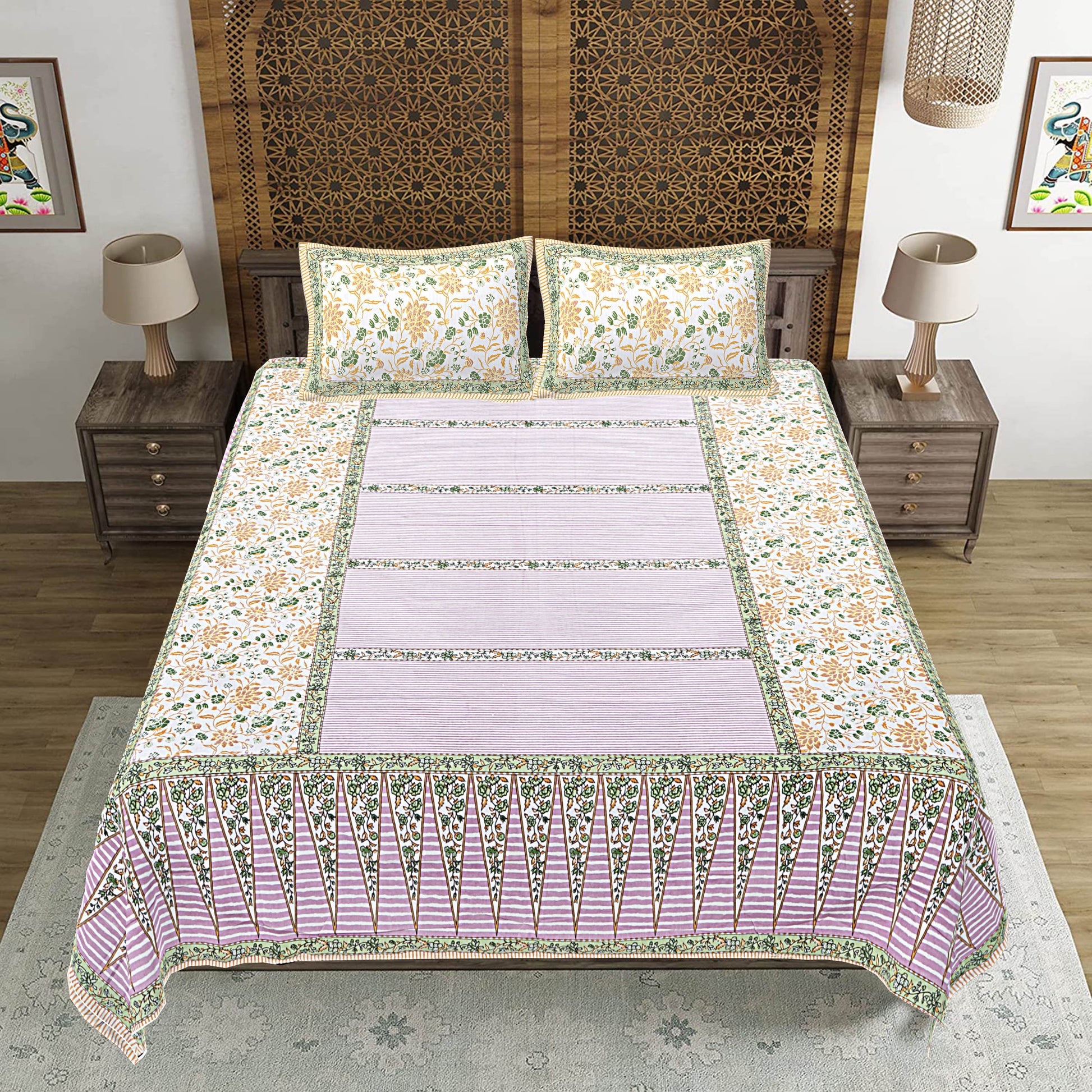 Green Floral Print 240 TC Cotton Double Bed Sheet With 2 Pillow Covers (SHKV1034)-FrionKandy