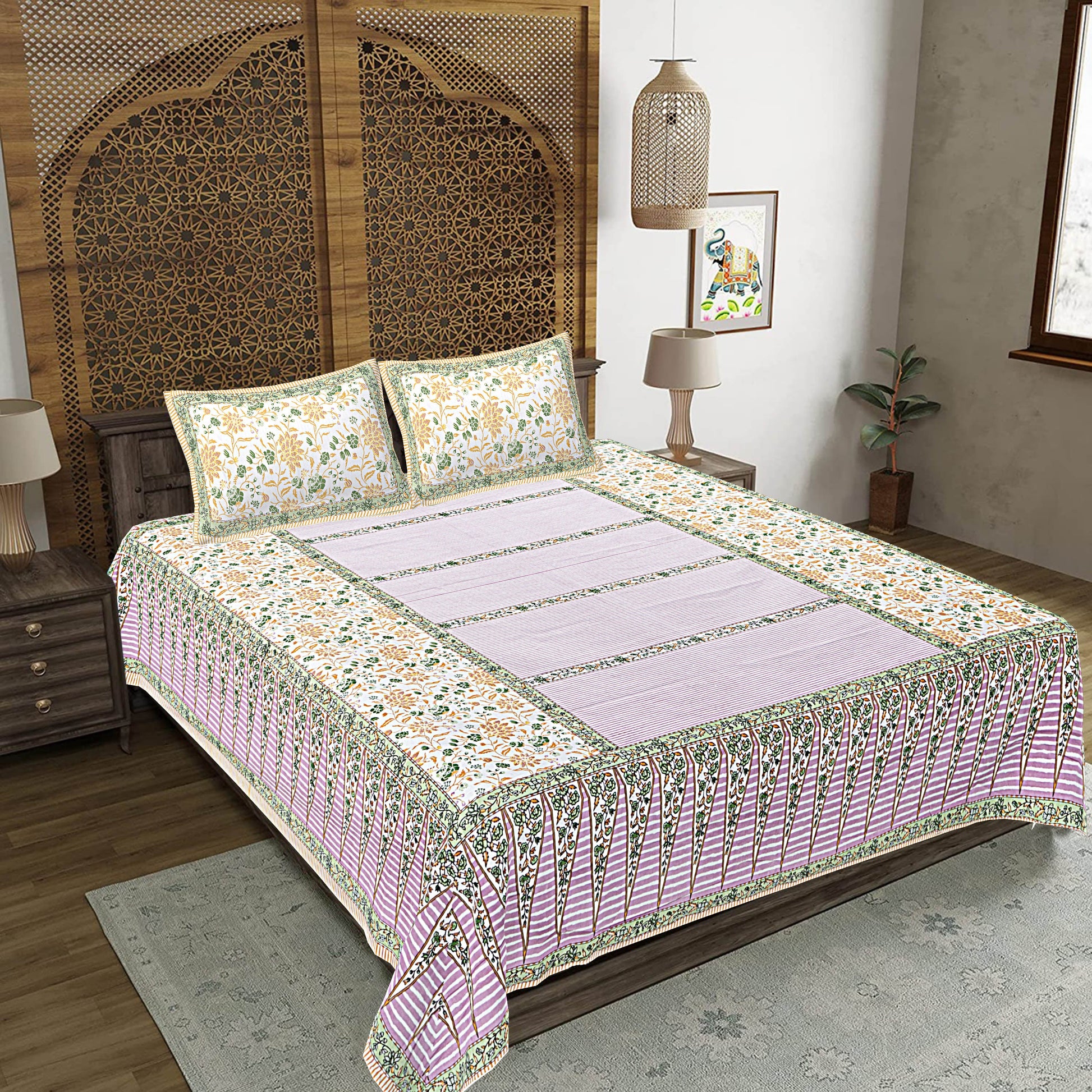 Green Floral Print 240 TC Cotton Double Bed Sheet With 2 Pillow Covers (SHKV1034)-FrionKandy