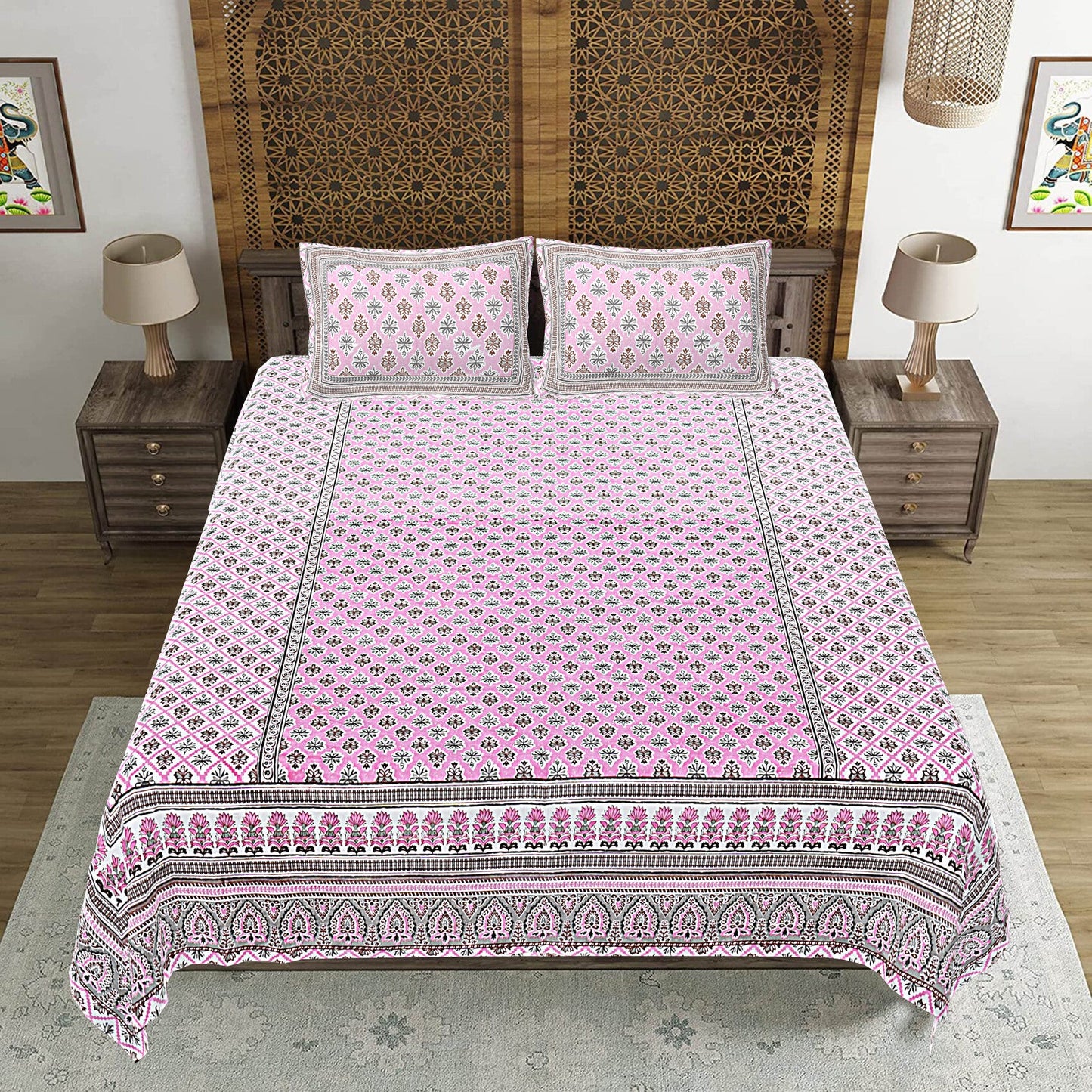 Pink Floral Print 240 TC Cotton Double Bed Sheet With 2 Pillow Covers (SHKV1035)-FrionKandy