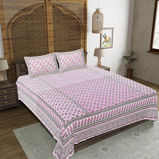 Pink Floral Print 240 TC Cotton Double Bed Sheet With 2 Pillow Covers (SHKV1035)-FrionKandy