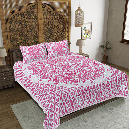 Pink Floral Print 240 TC Cotton Double Bed Sheet With 2 Pillow Covers (SHKV1039)-FrionKandy