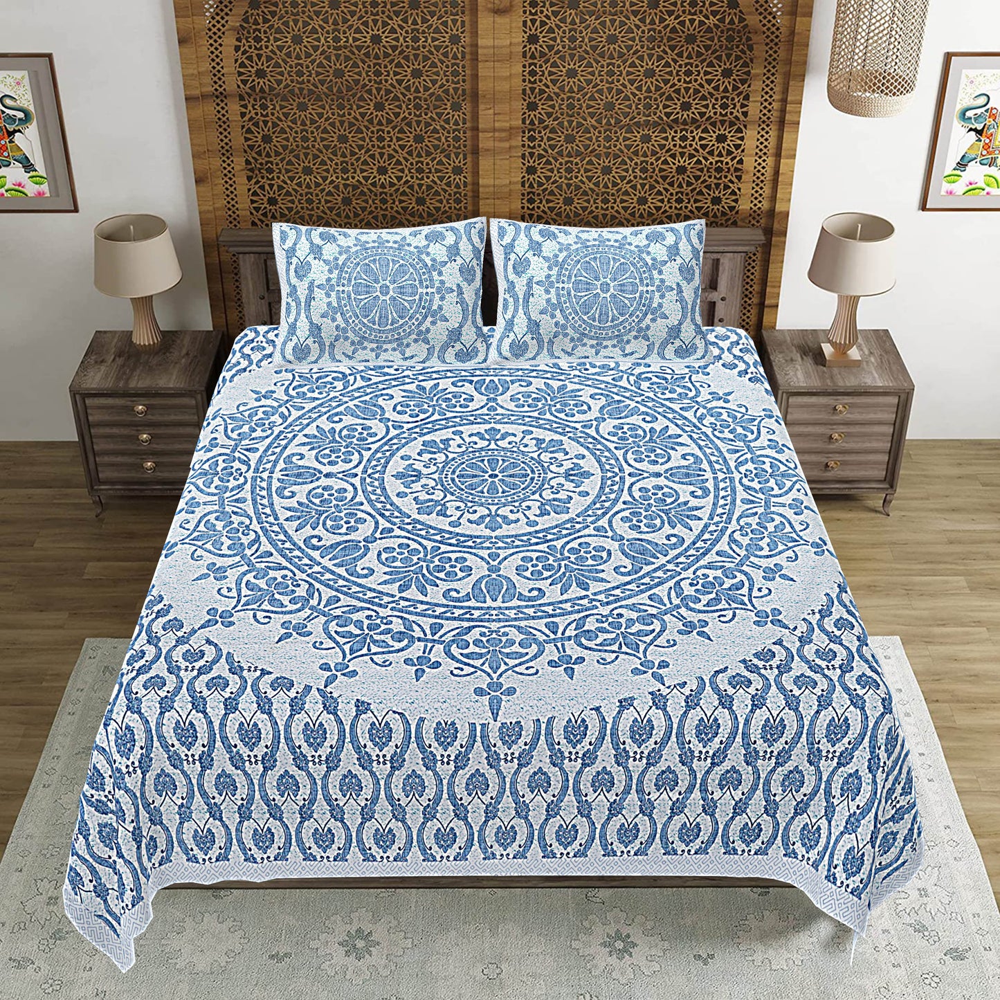 Blue Floral Print 240 TC Cotton Double Bed Sheet With 2 Pillow Covers (SHKV1040)-FrionKandy