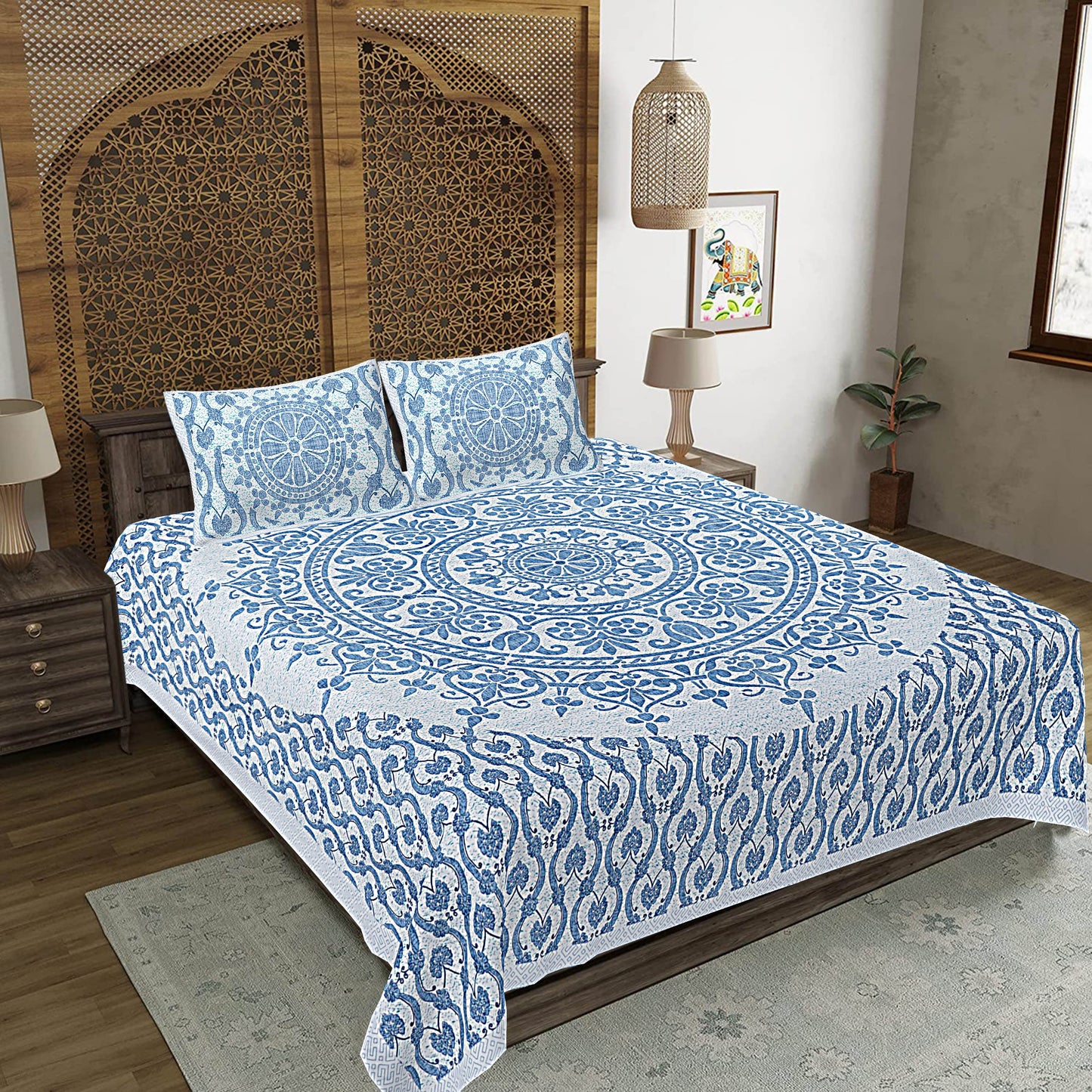 Blue Floral Print 240 TC Cotton Double Bed Sheet With 2 Pillow Covers (SHKV1040)-FrionKandy