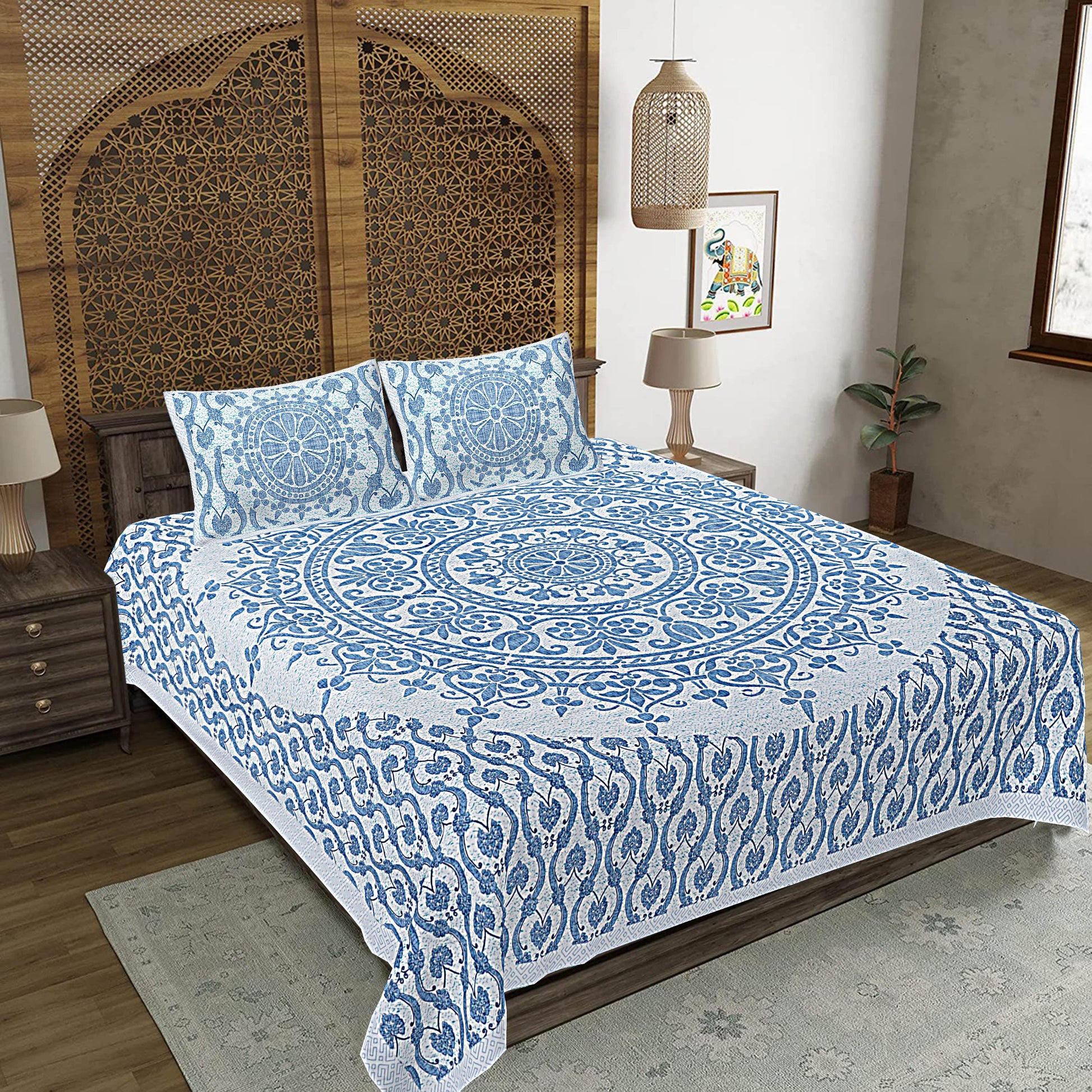 Blue Floral Print 240 TC Cotton Double Bed Sheet With 2 Pillow Covers (SHKV1040)-FrionKandy