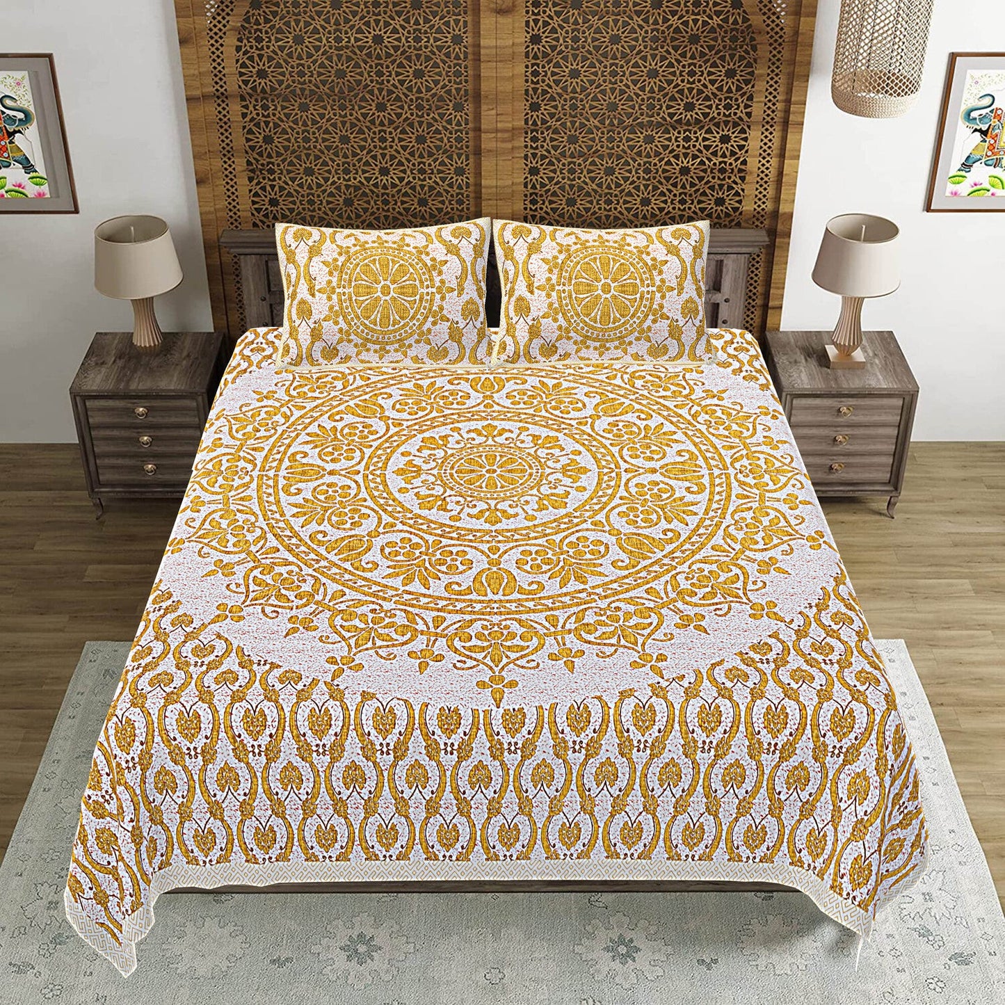 Yellow Floral Print 240 TC Cotton Double Bed Sheet With 2 Pillow Covers (SHKV1041)-FrionKandy