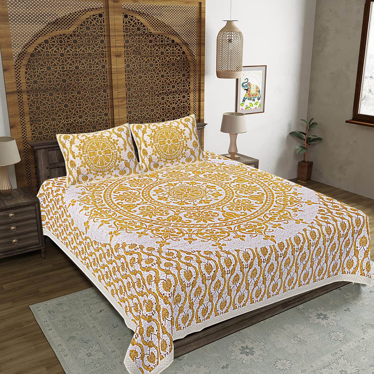 Yellow Floral Print 240 TC Cotton Double Bed Sheet With 2 Pillow Covers (SHKV1041)-FrionKandy