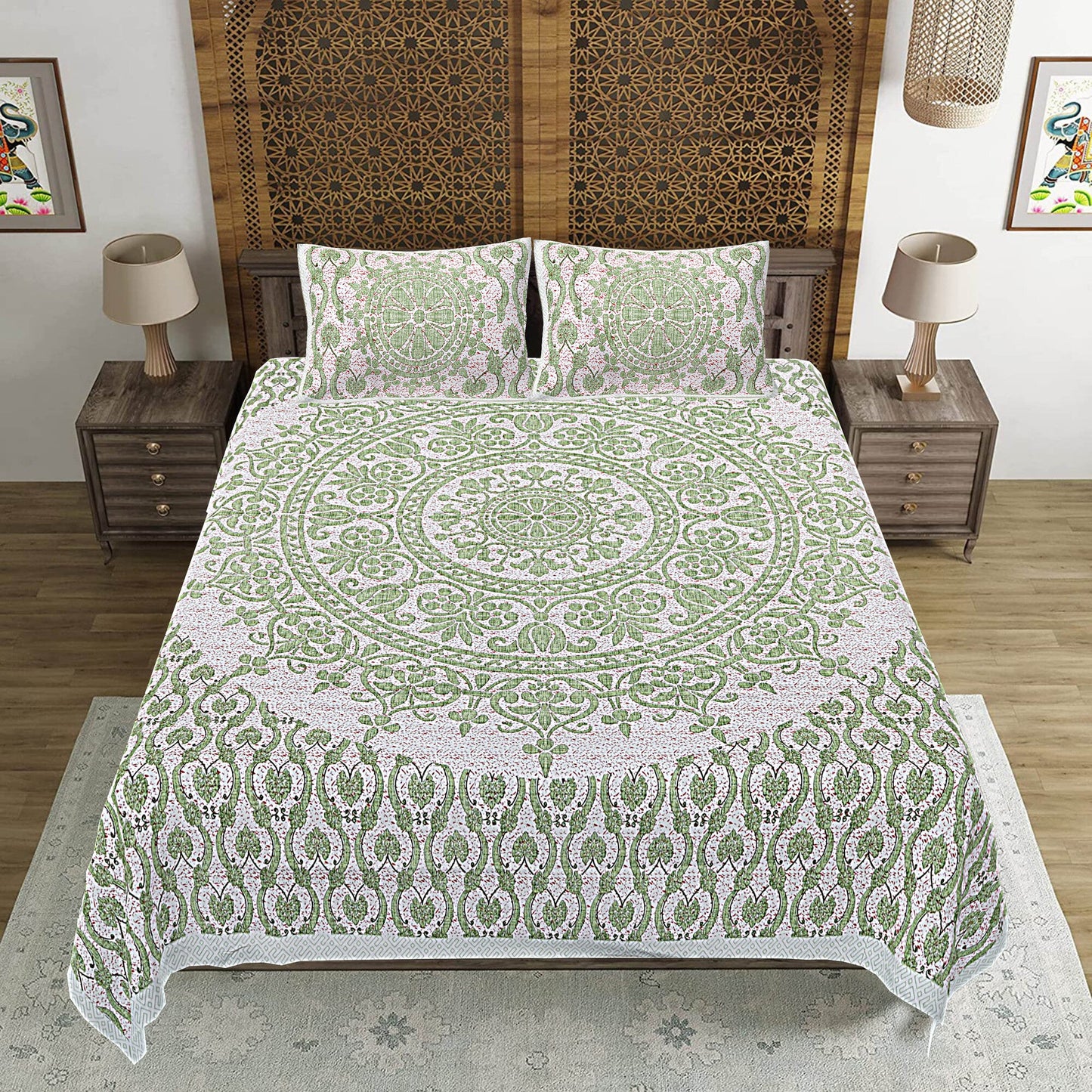 Green Floral Print 240 TC Cotton Double Bed Sheet With 2 Pillow Covers (SHKV1042)-FrionKandy