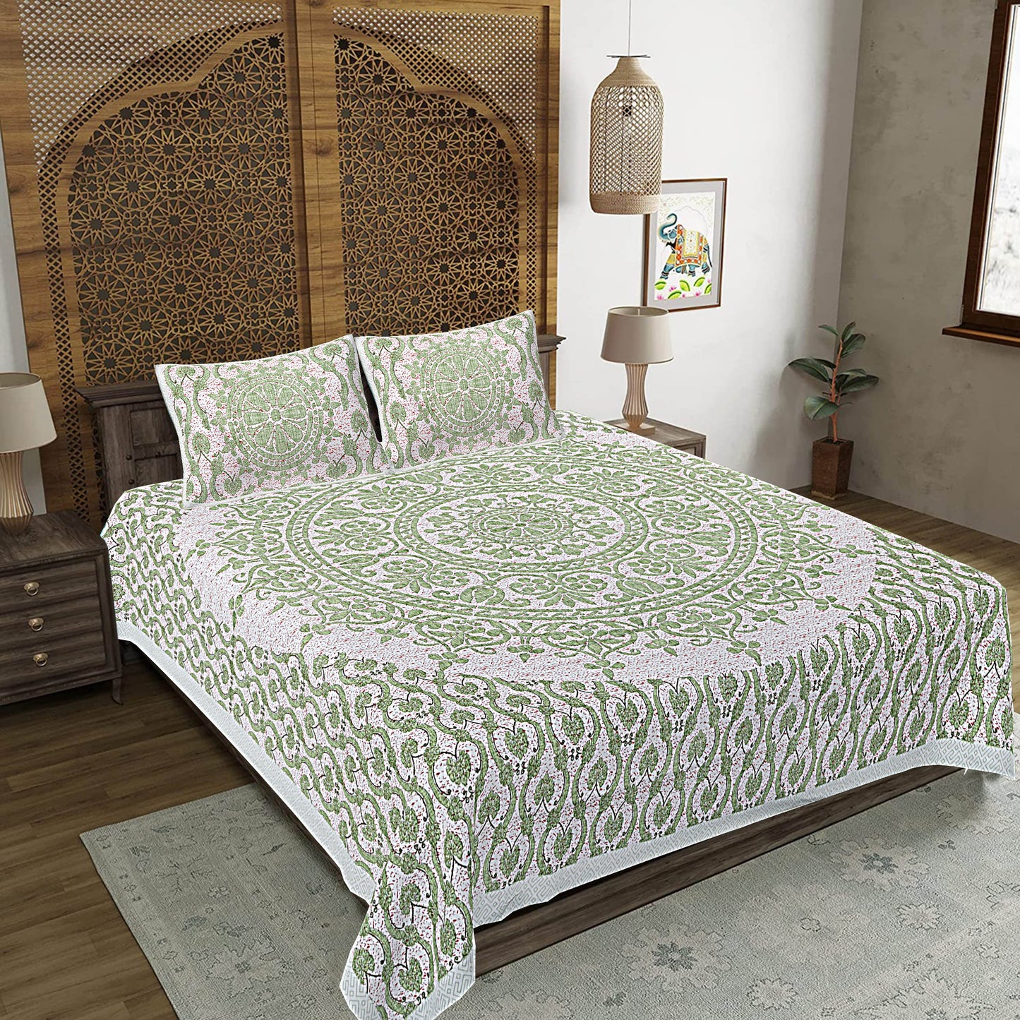 Green Floral Print 240 TC Cotton Double Bed Sheet With 2 Pillow Covers (SHKV1042)-FrionKandy