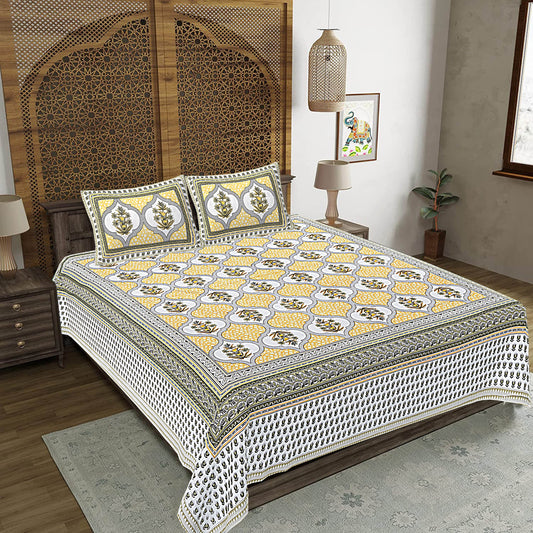 Yellow Floral Print 240 TC Cotton Double Bed Sheet With 2 Pillow Covers (SHKV1046)-FrionKandy