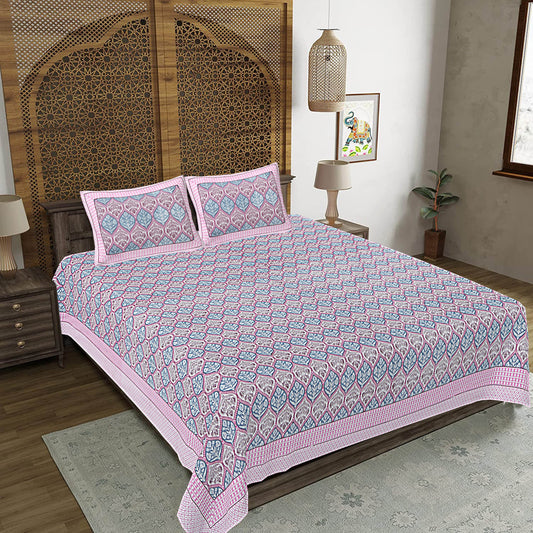 Pink Floral Print 240 TC Cotton Double Bed Sheet With 2 Pillow Covers (SHKV1047)-FrionKandy