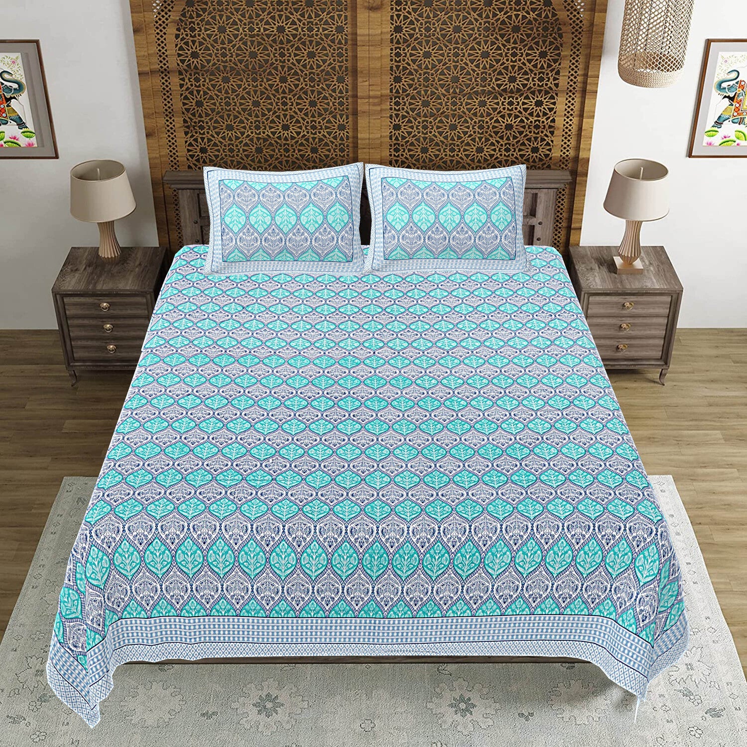 Turquoise Blue Floral Print 240 TC Cotton Double Bed Sheet With 2 Pillow Covers (SHKV1048)-FrionKandy