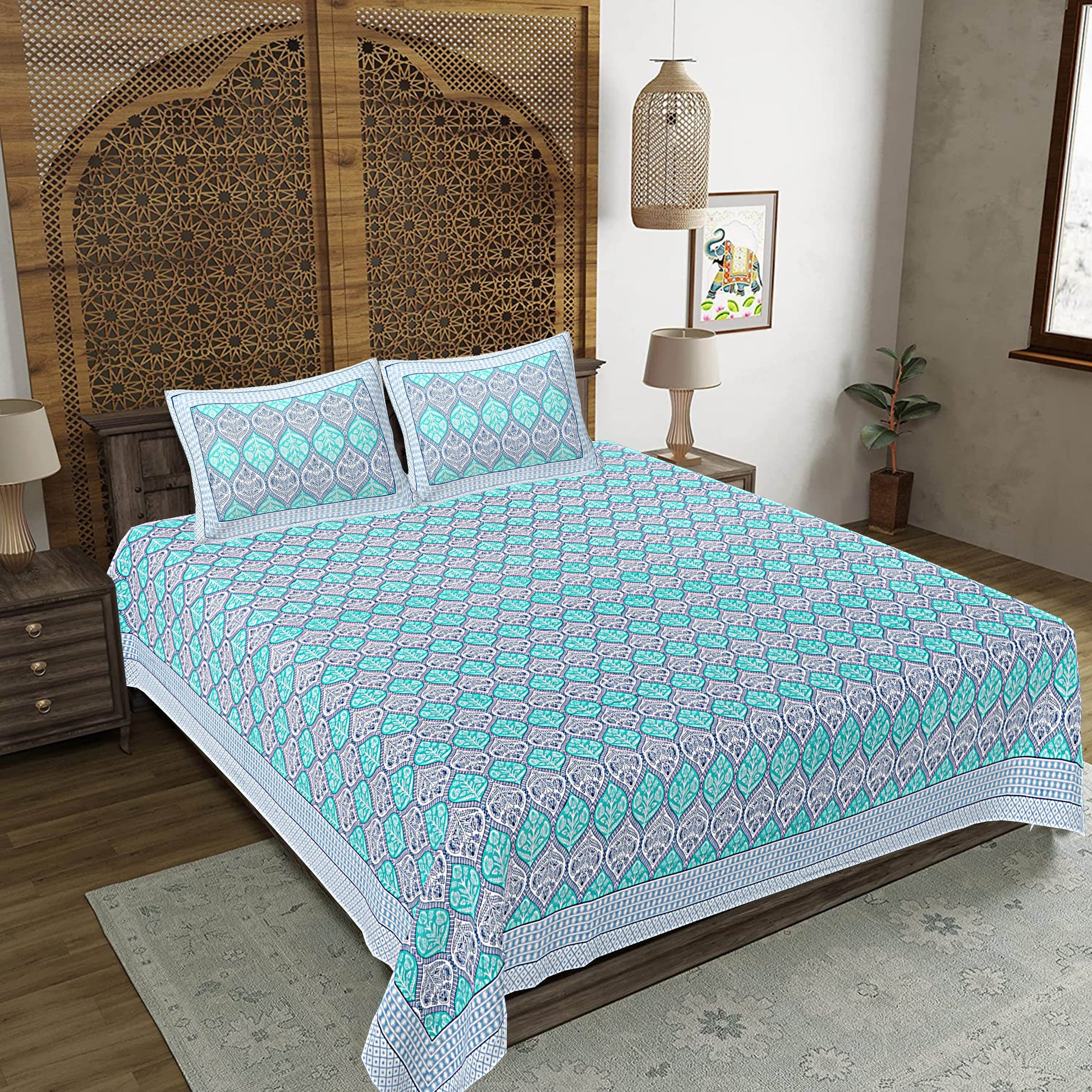 Turquoise Blue Floral Print 240 TC Cotton Double Bed Sheet With 2 Pillow Covers (SHKV1048)-FrionKandy