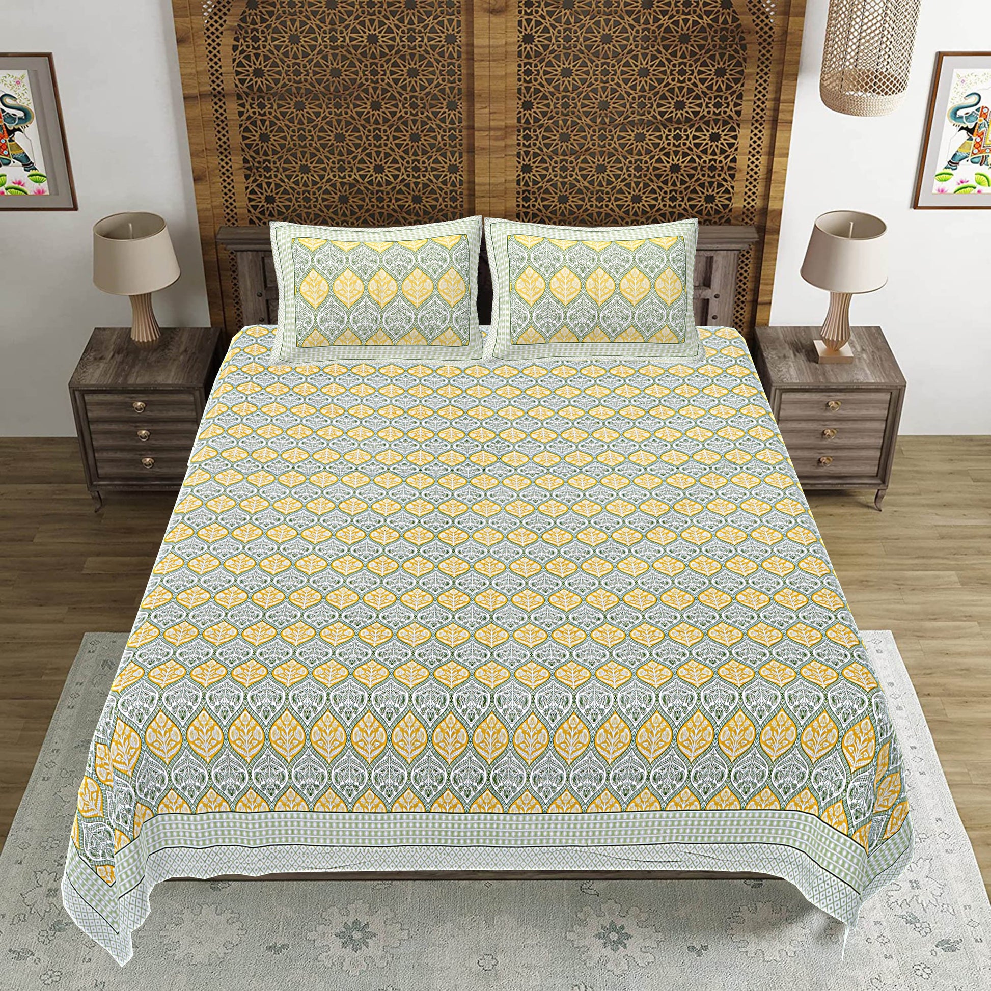 Yellow Floral Print 240 TC Cotton Double Bed Sheet With 2 Pillow Covers (SHKV1049)-FrionKandy