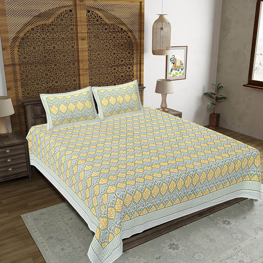 Yellow Floral Print 240 TC Cotton Double Bed Sheet With 2 Pillow Covers (SHKV1049)-FrionKandy