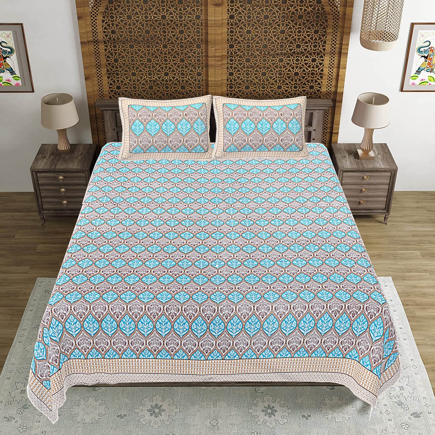 Turquoise Blue Floral Print 240 TC Cotton Double Bed Sheet With 2 Pillow Covers (SHKV1050)-FrionKandy