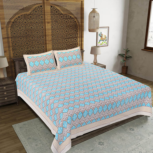 Turquoise Blue Floral Print 240 TC Cotton Double Bed Sheet With 2 Pillow Covers (SHKV1050)-FrionKandy