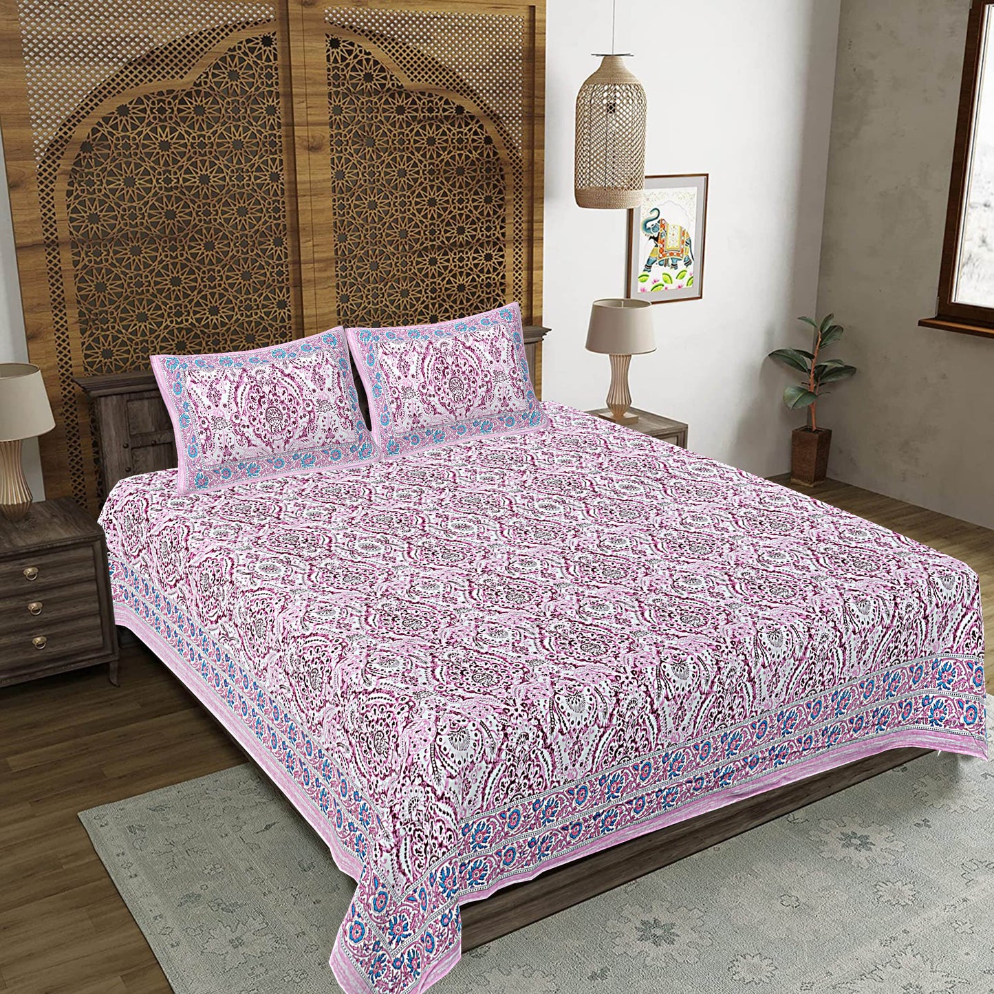 Pink Abstract Print 240 TC Cotton Double Bed Sheet With 2 Pillow Covers (SHKV1051)-FrionKandy