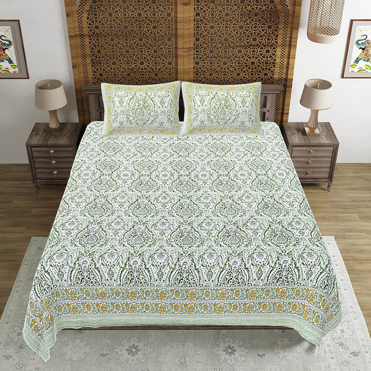 Green Abstract Print 240 TC Cotton Double Bed Sheet With 2 Pillow Covers (SHKV1052)-FrionKandy