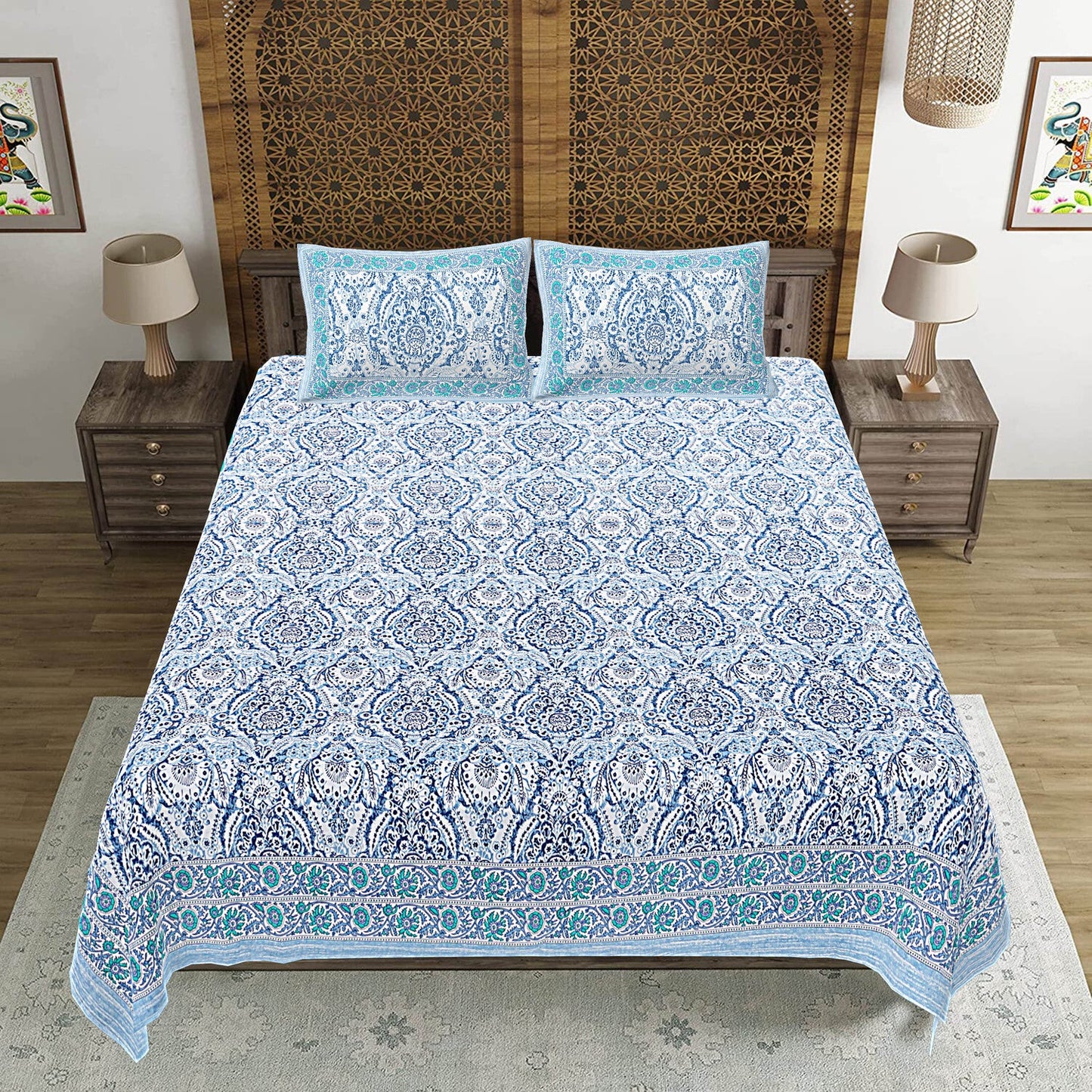 Blue Abstract Print 240 TC Cotton Double Bed Sheet With 2 Pillow Covers (SHKV1054)-FrionKandy