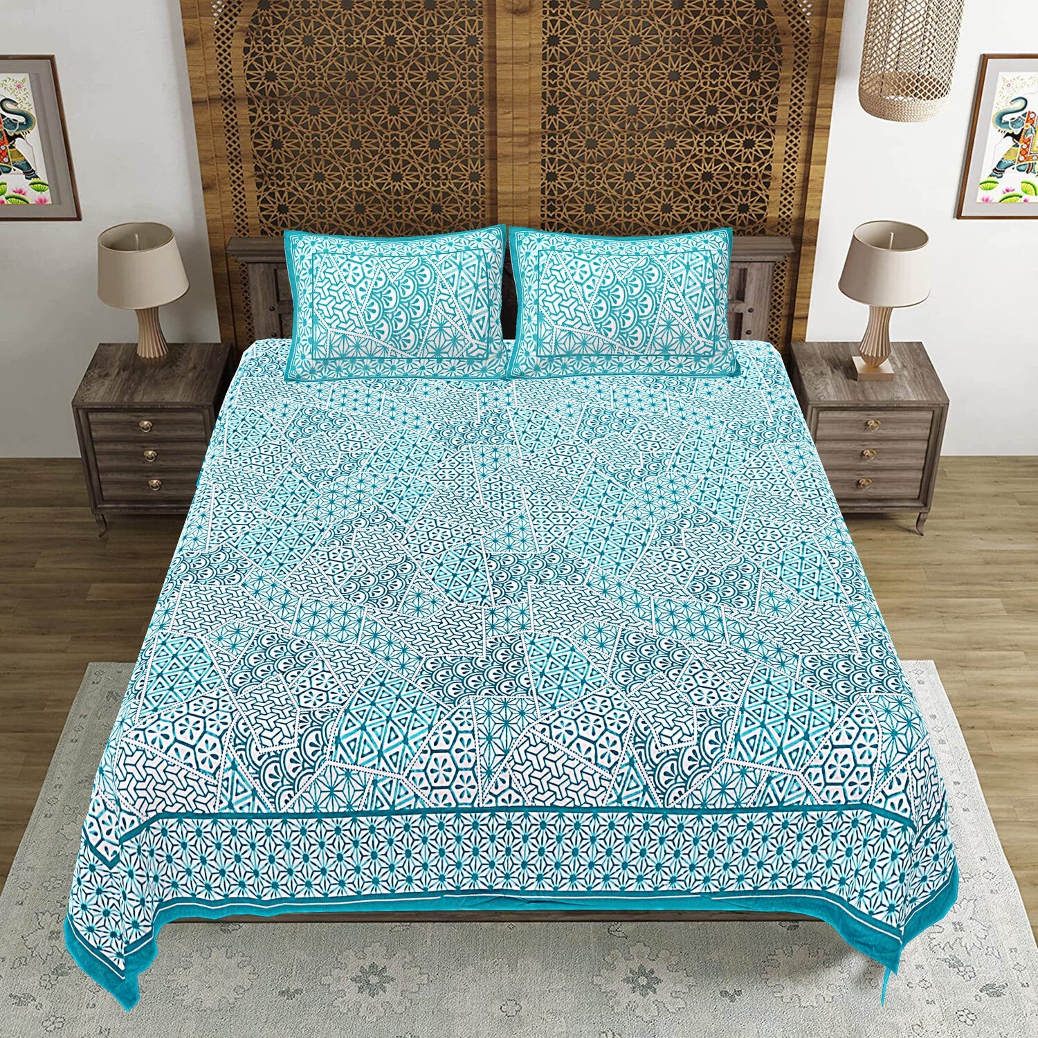 Turquoise Blue Abstract Print 240 TC Cotton Double Bed Sheet With 2 Pillow Covers (SHKV1055)-FrionKandy