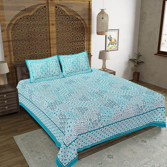 Turquoise Blue Abstract Print 240 TC Cotton Double Bed Sheet With 2 Pillow Covers (SHKV1055)-FrionKandy