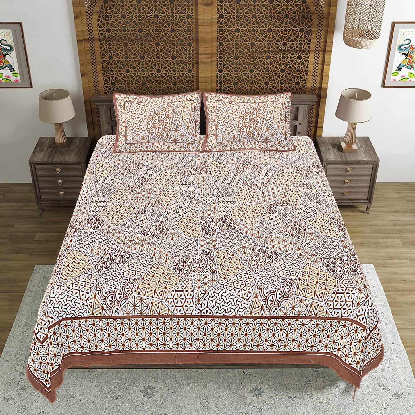 Brown Abstract Print 240 TC Cotton Double Bed Sheet With 2 Pillow Covers (SHKV1056)-FrionKandy