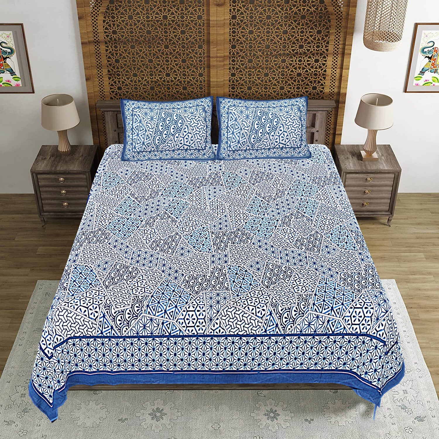 Blue Abstract Print 240 TC Cotton Double Bed Sheet With 2 Pillow Covers (SHKV1058)-FrionKandy