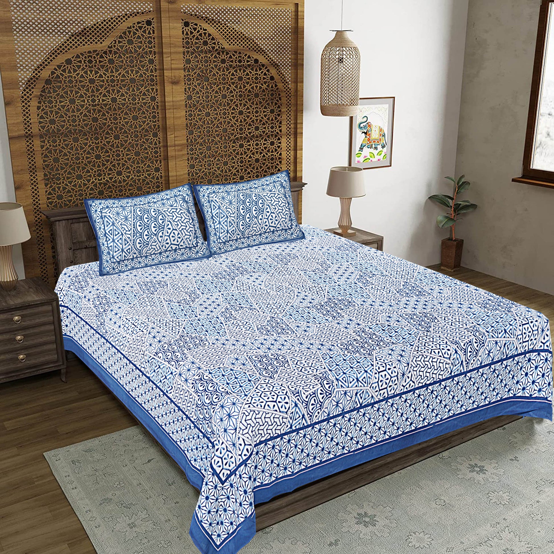 Blue Abstract Print 240 TC Cotton Double Bed Sheet With 2 Pillow Covers (SHKV1058)-FrionKandy